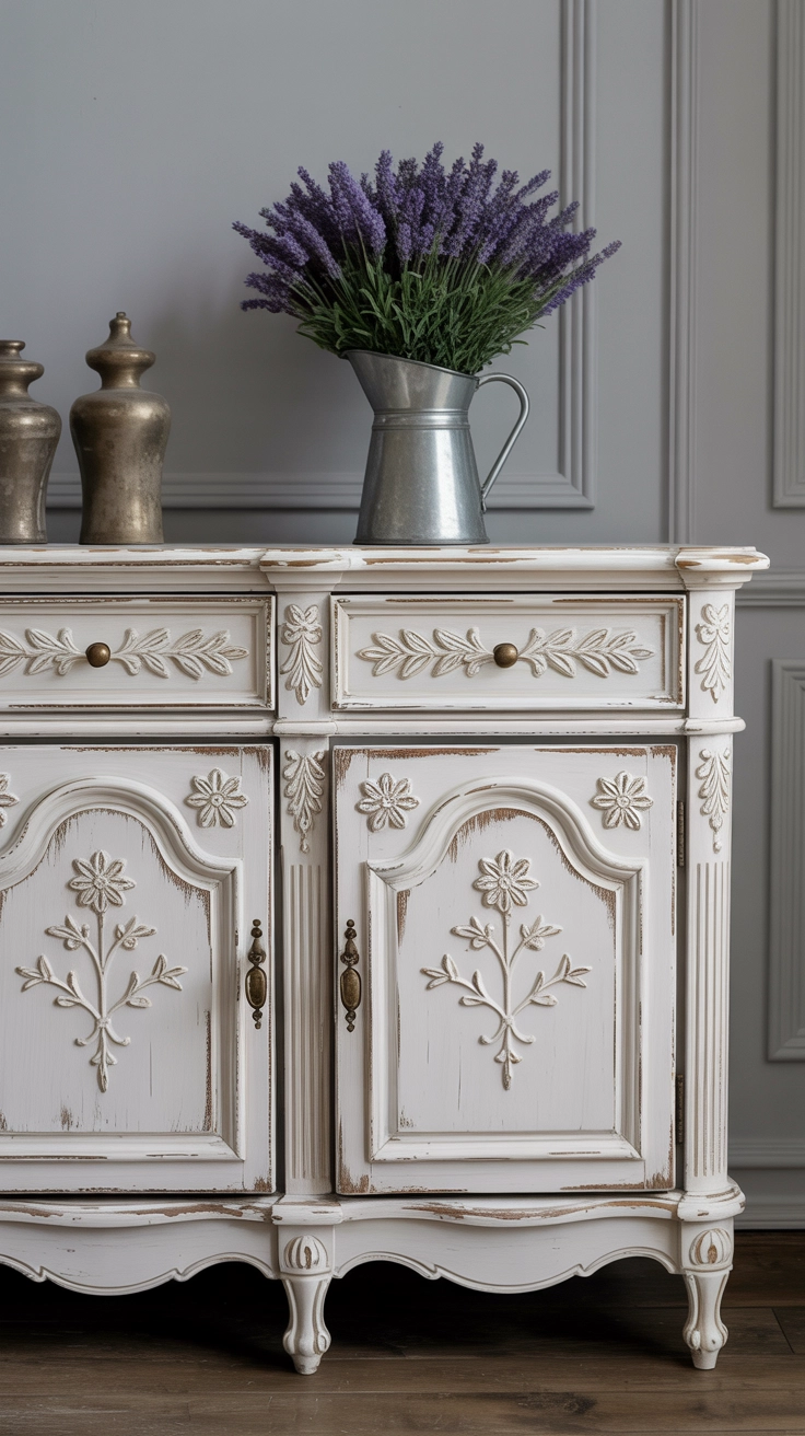 A distressed white wooden buffet with floral carvings.