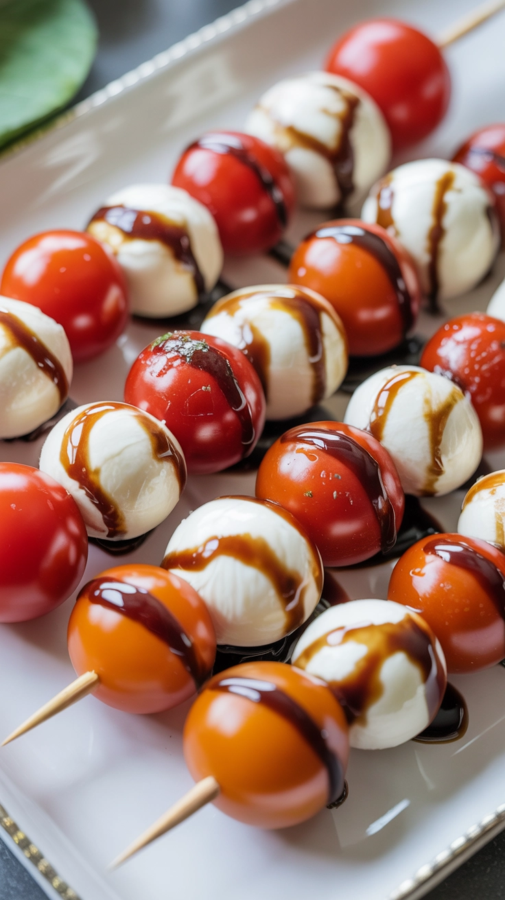 Tomato and mozzarella skewers with basil and balsamic glaze.