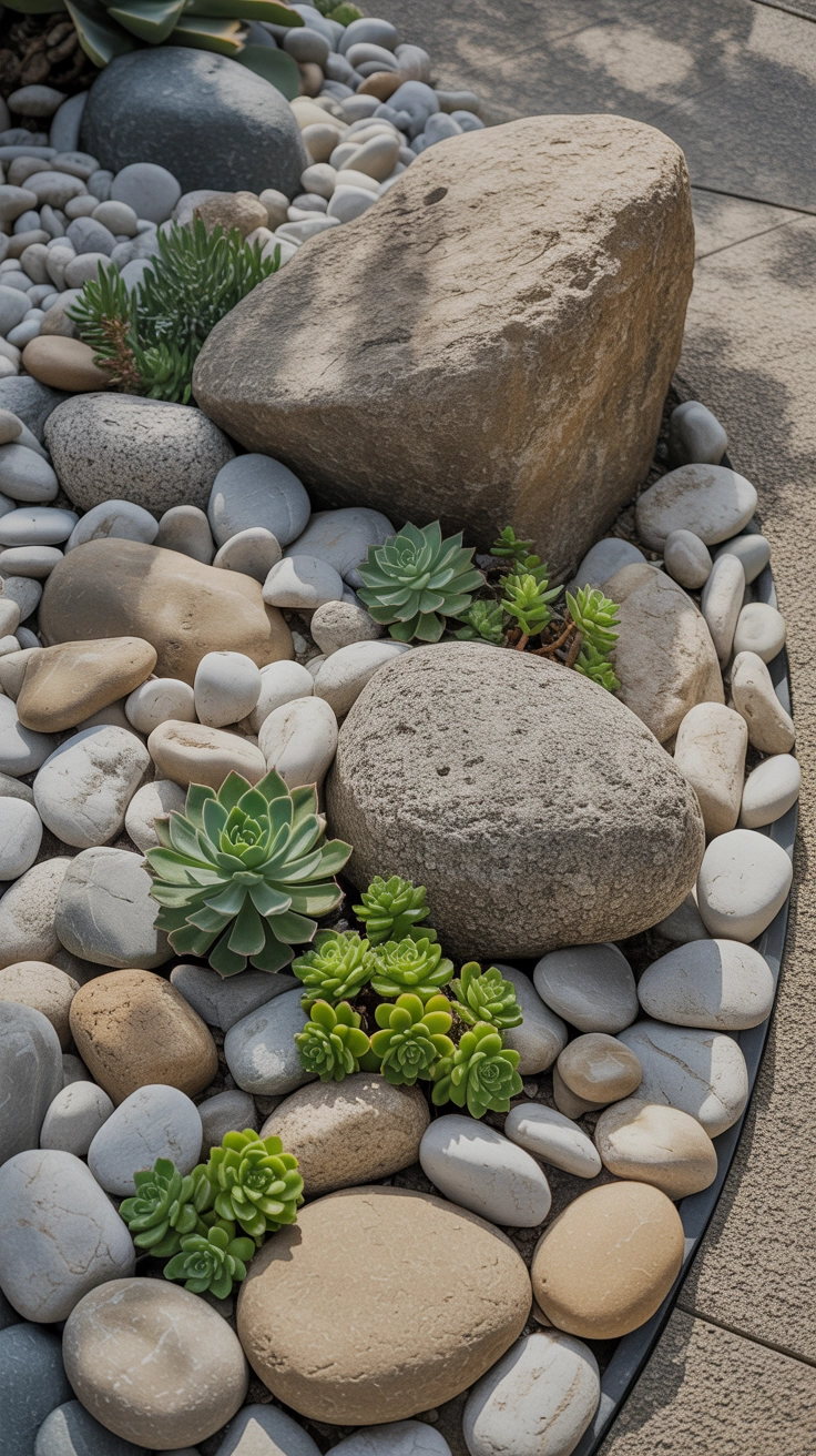 21 Best Front Yard Landscaping Ideas for a Beautiful Home 9 A landscaping design featuring various sizes of smooth river rocks mixed with small green succulent plants and a few large decorative boulders.