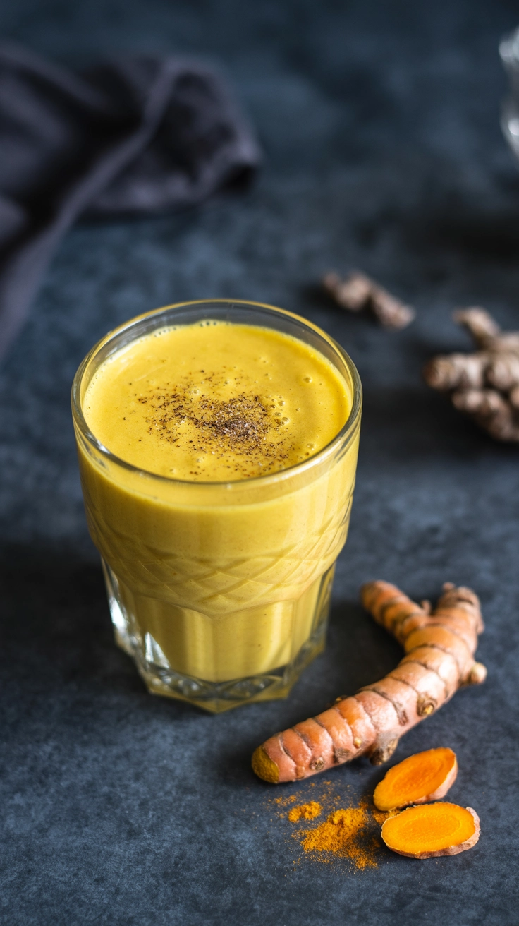 A bright gold turmeric and mango tonic smoothie.