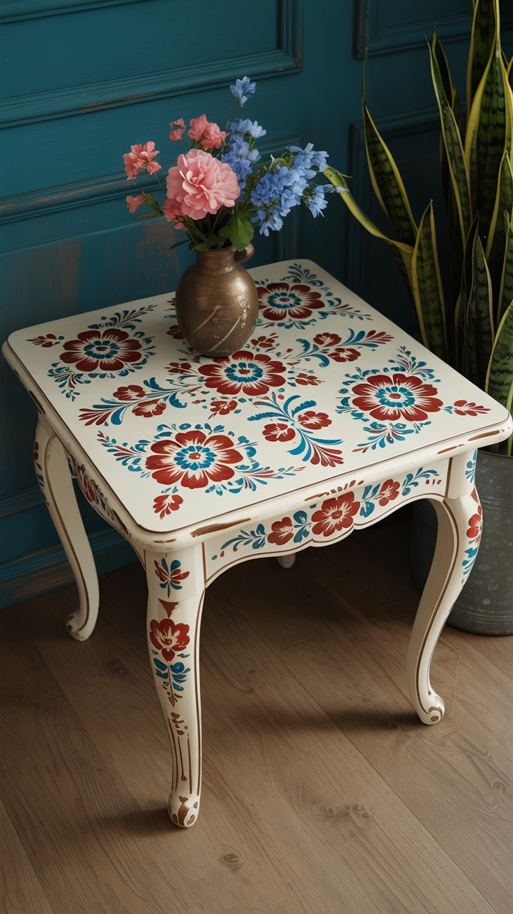 A hand-painted floral wooden table with folk designs.