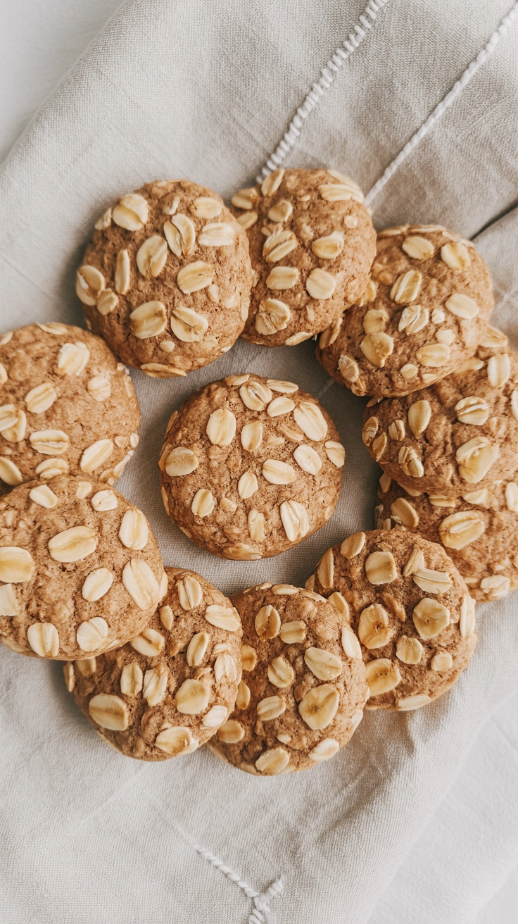 A circle of banana and oat cookies on a linen surface.
