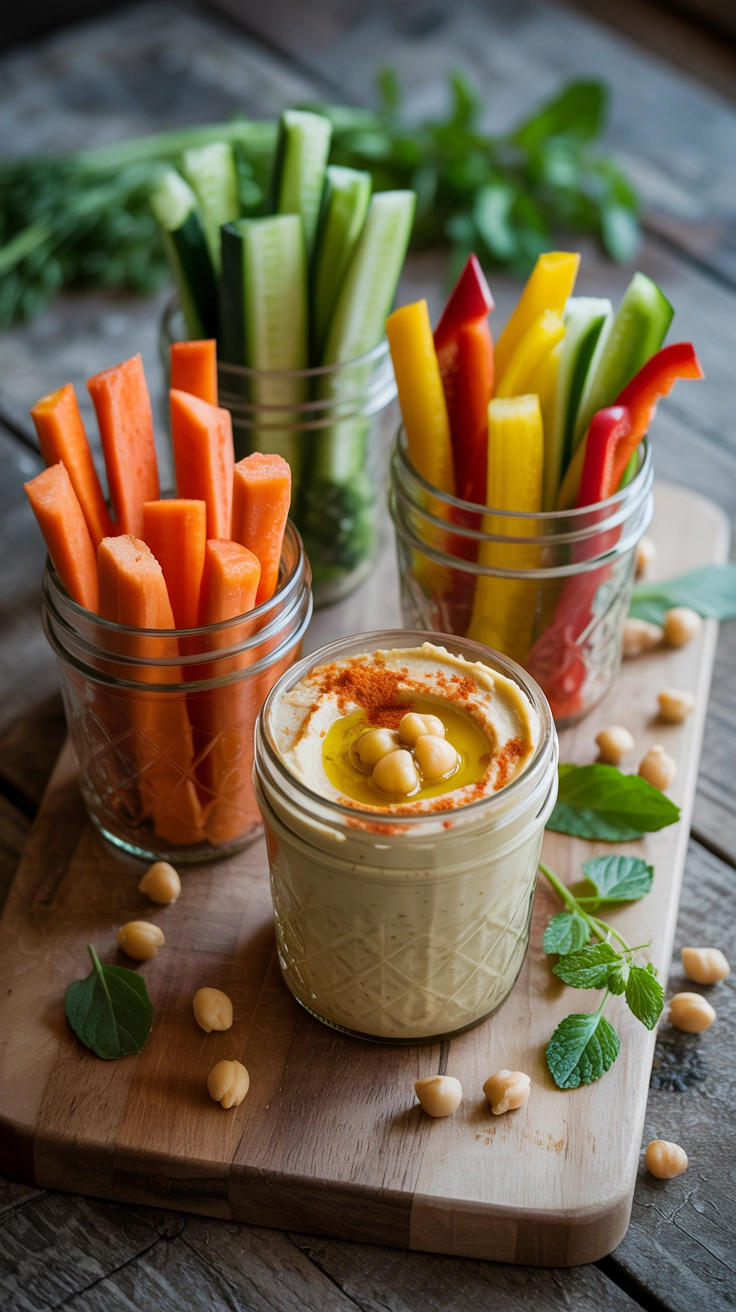 Portable hummus and vegetable dip jars for outdoor snacking.