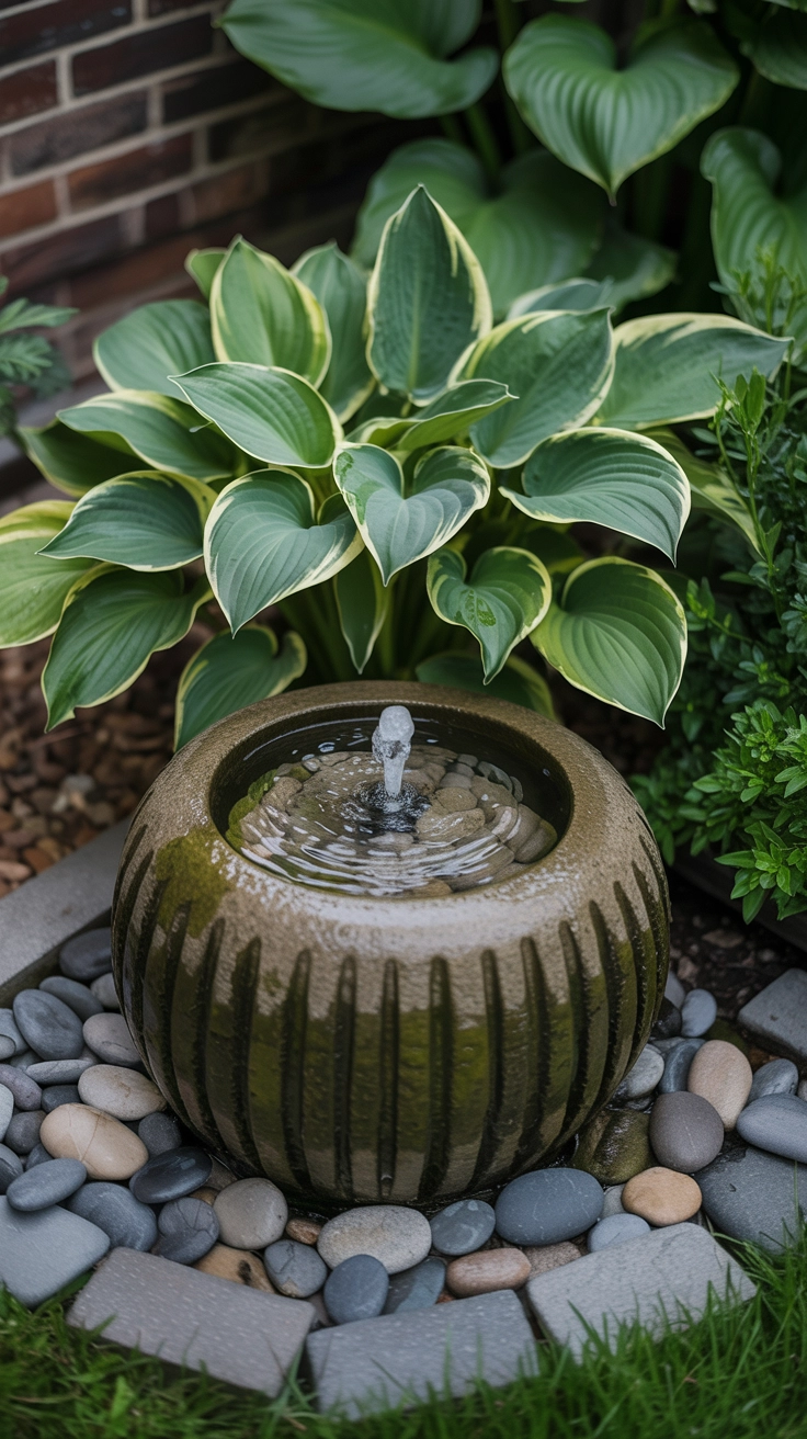 21 Best Front Yard Landscaping Ideas for a Beautiful Home 11 A small bubbling stone water fountain nestled among green hosta plants and smooth pebbles in a quiet corner of a front yard.