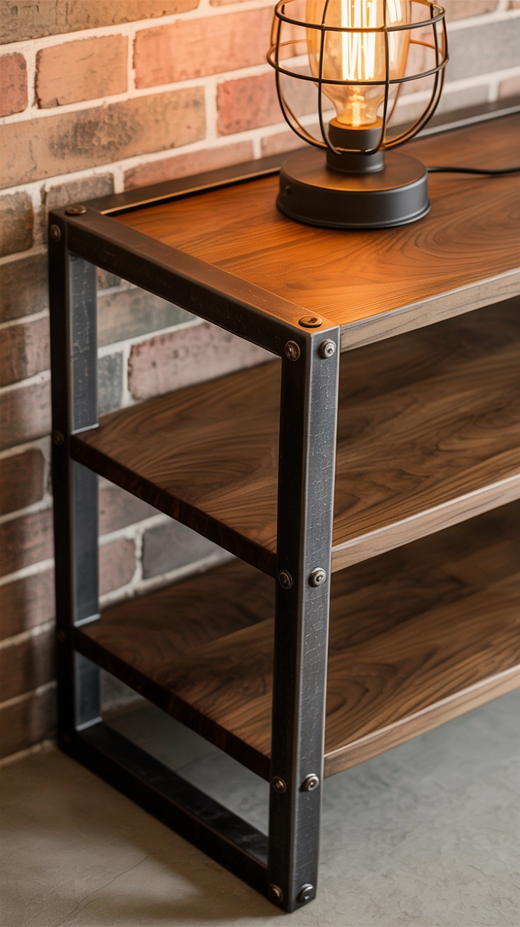 A metal and wood industrial table with a vintage lamp.