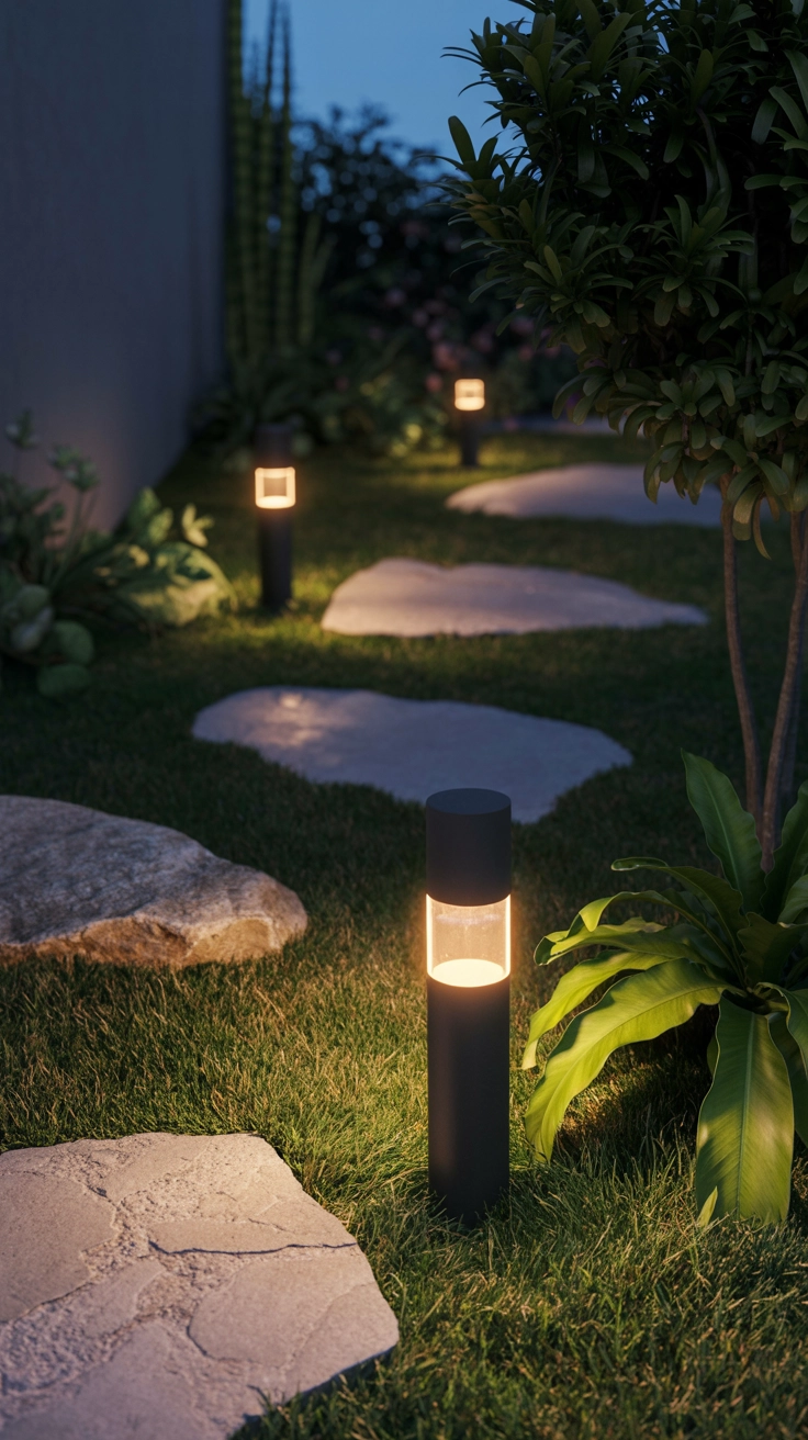 21 Best Front Yard Landscaping Ideas for a Beautiful Home 7 Small black LED path lights illuminated along a garden walkway at dusk, casting a warm glow on the surrounding plants and stones.