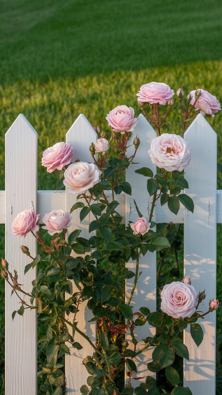 21 Best Front Yard Landscaping Ideas for a Beautiful Home 17 A low white picket fence with pink climbing roses woven through the slats, bordering a green lawn.