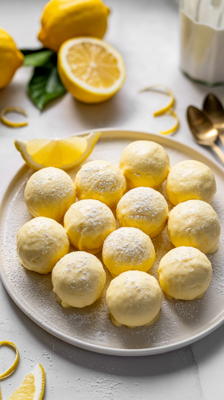 Powdered lemon cream no-bake bites on a platter.