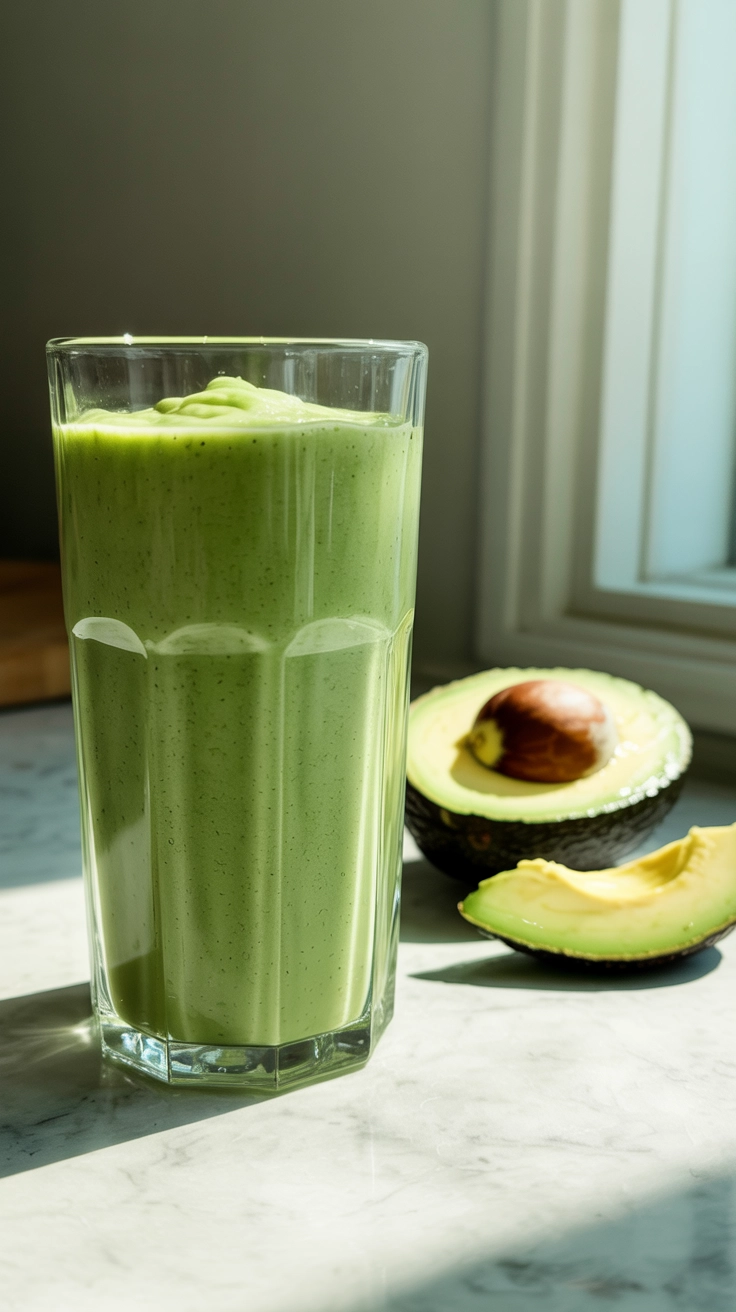 A thick green avocado and mango smoothie.