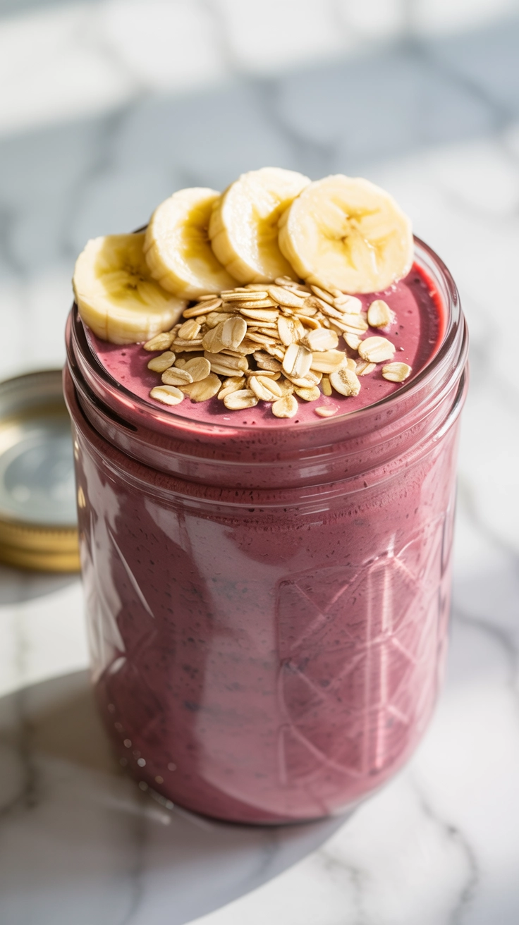 A thick breakfast smoothie with oats and banana.