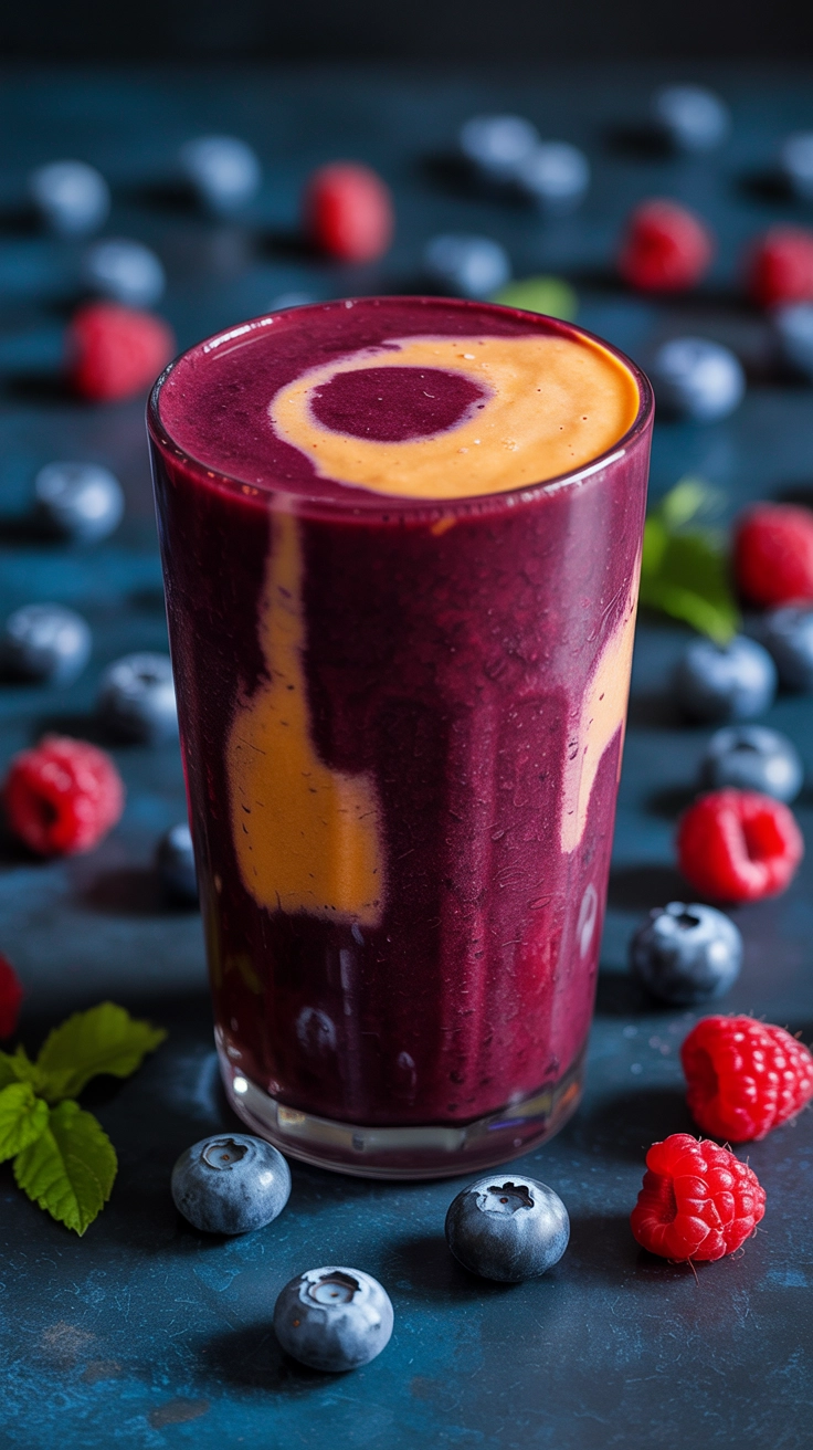 A dark purple berry and mango antioxidant smoothie.