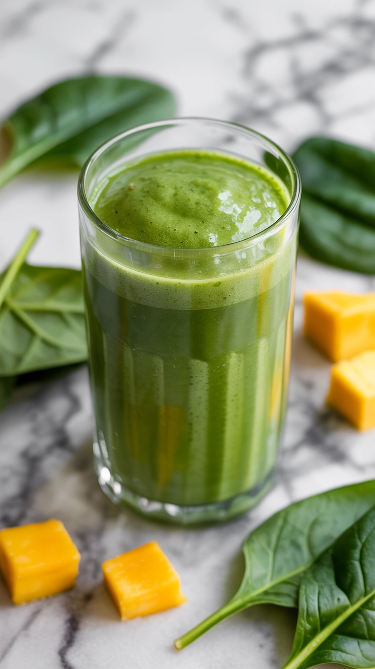 A bright green mango and spinach smoothie.