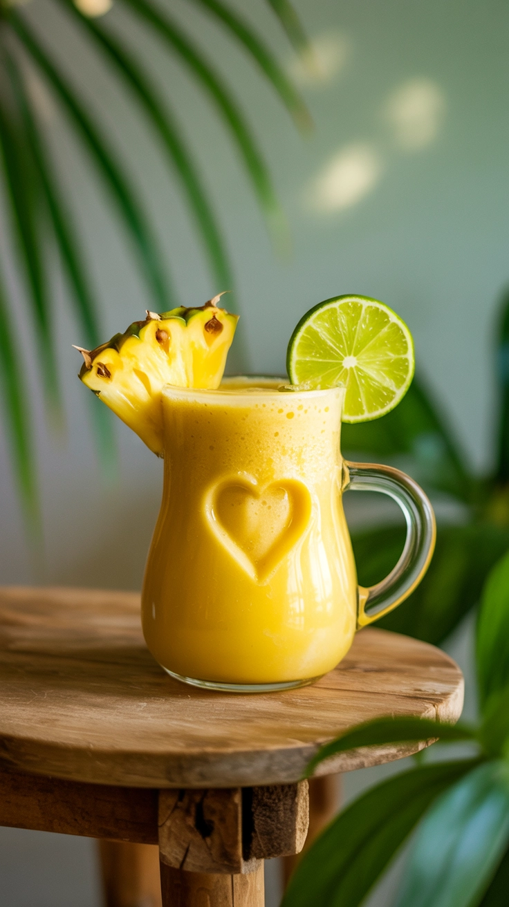 A tropical yellow smoothie with pineapple and lime garnish.
