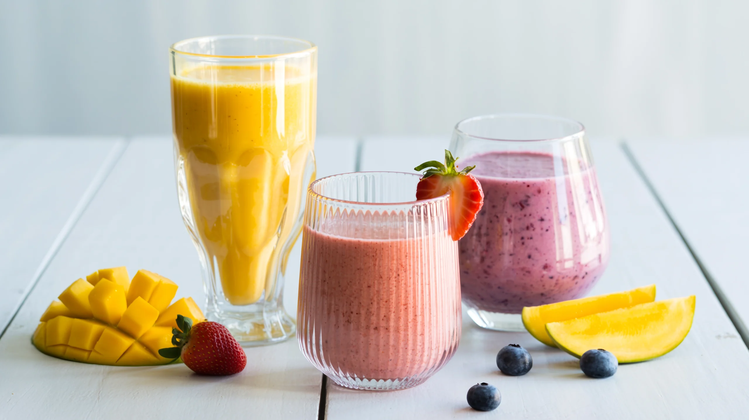 Mango Smoothie Recipes: An array of different mango smoothies in glasses on a white wooden table.