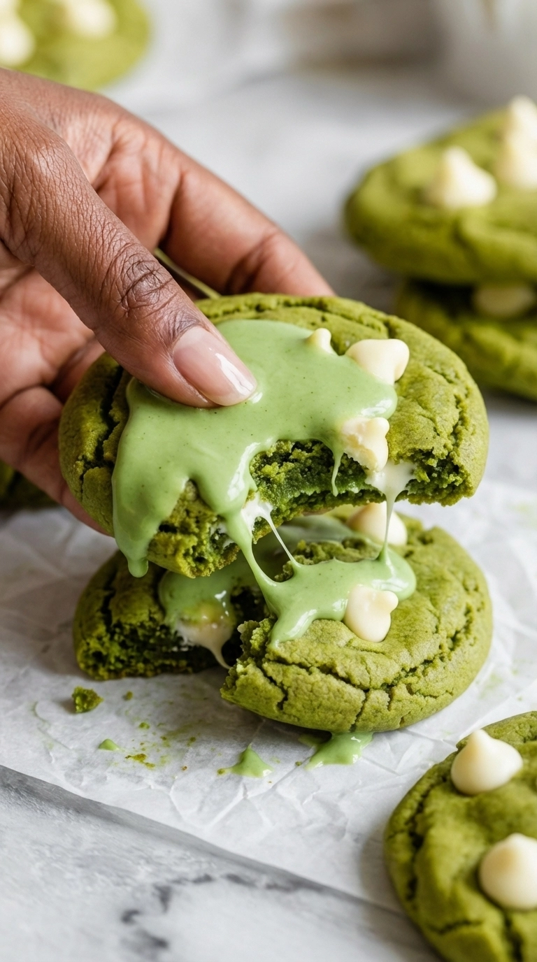 13 Irresistible Cookie Recipes You’ve Never Tried Before 2 Close-up of a green matcha miso cookie with white chocolate chips.