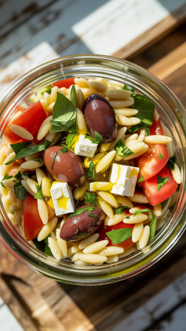 A portable jar filled with colorful pasta salad for a picnic.