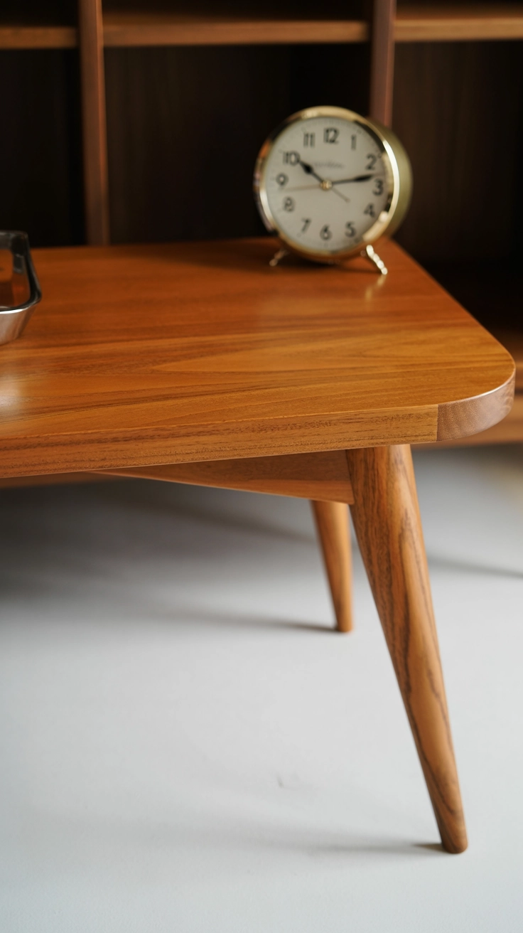 A wooden mid-century modern table with clean lines and tapered legs.