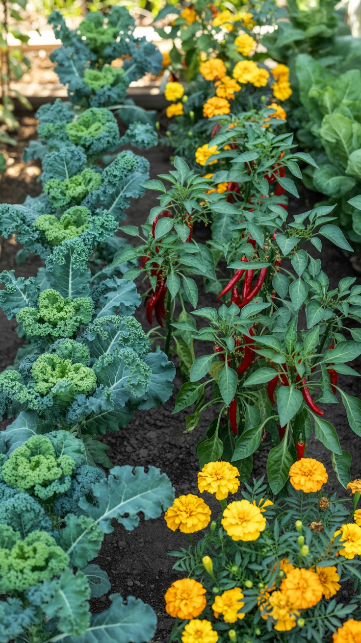21 Best Front Yard Landscaping Ideas for a Beautiful Home 20 A garden bed where curly green kale and red chili peppers are planted alongside yellow marigolds.