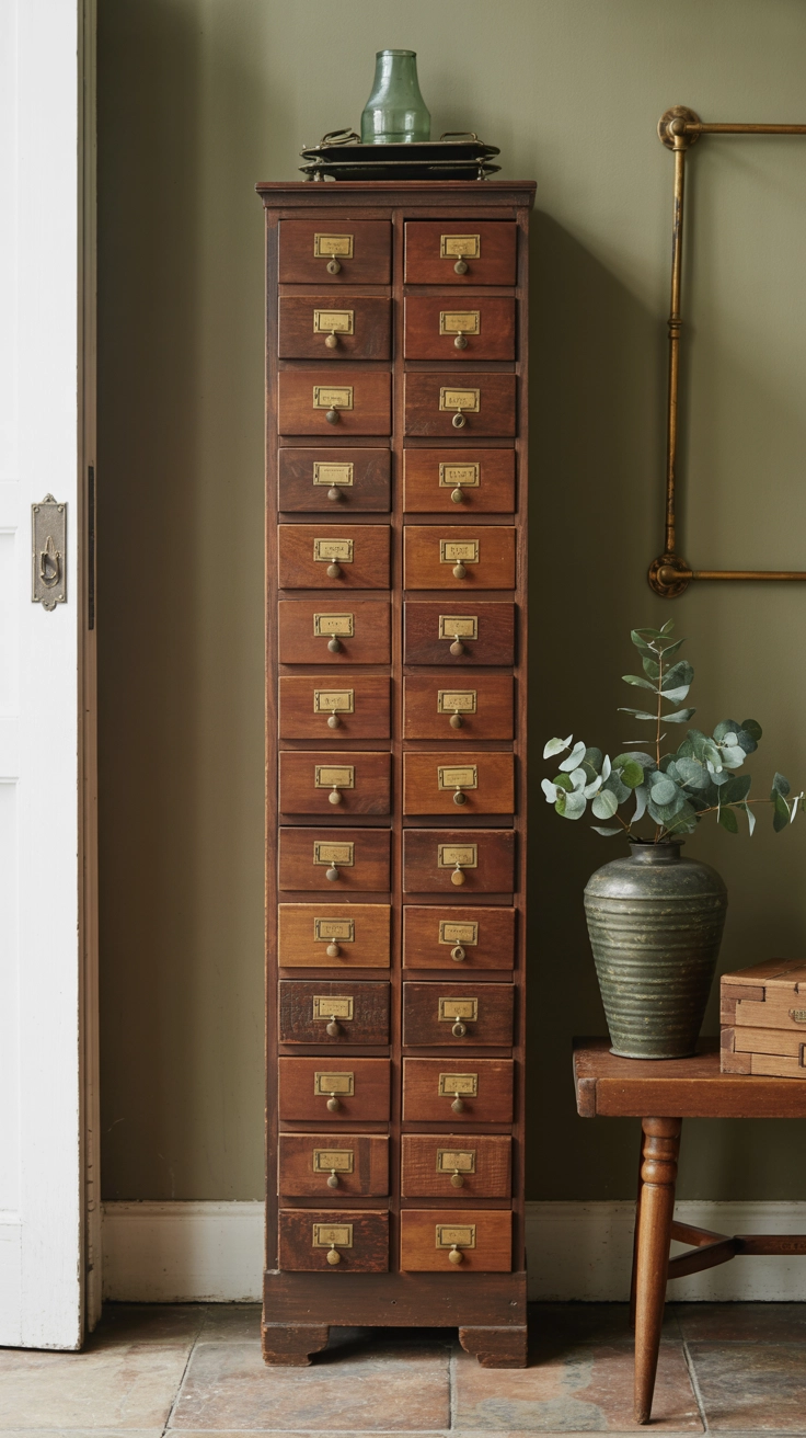 A narrow wooden chest with many small drawers.
