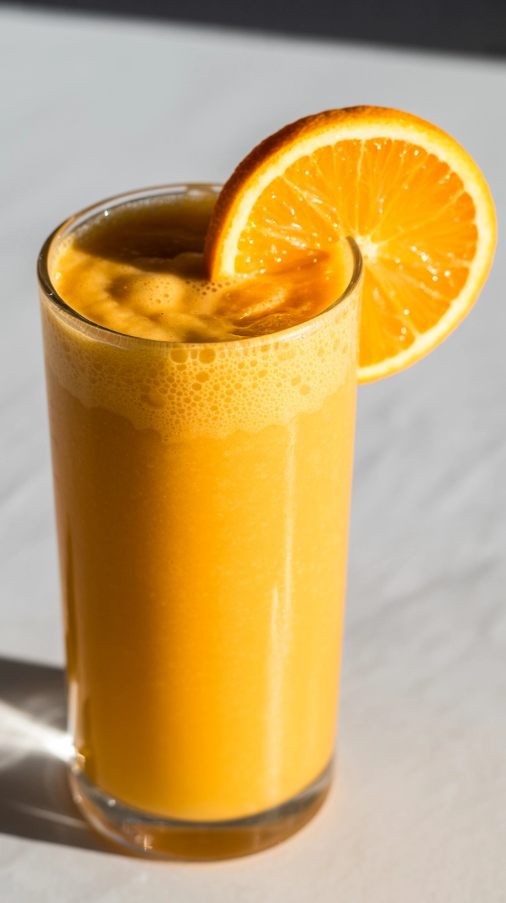 A frothy orange and mango smoothie.