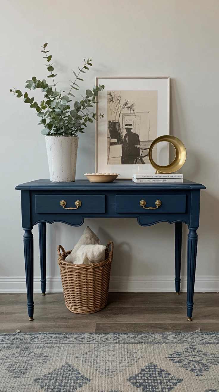 A navy blue painted table with gold-colored handles.