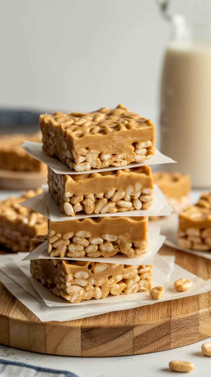 Squares of crispy peanut butter rice cereal treats.
