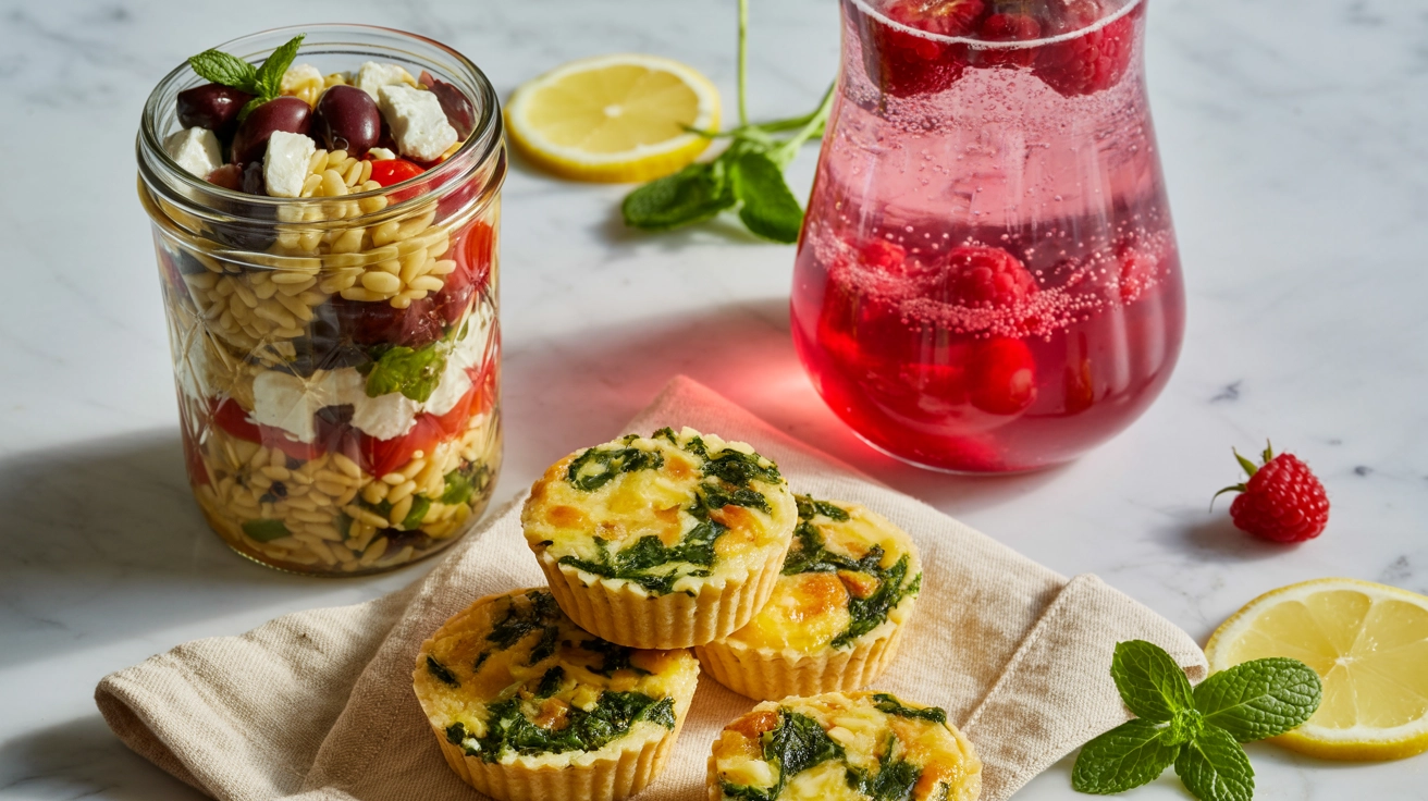 Picnic Food Ideas: top-down view of Mediterranean orzo salad in a glass jar, mini crustless quiches, and sparkling berry lemonade with raspberries, beautifully garnished