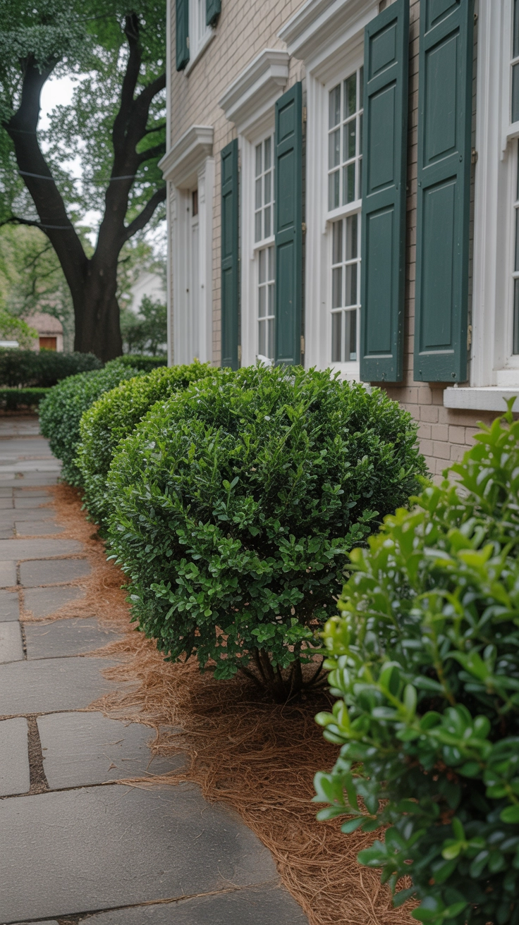 21 Best Front Yard Landscaping Ideas for a Beautiful Home 14 A row of neatly trimmed round boxwood evergreen shrubs creating a clean border along the front of a traditional brick home.