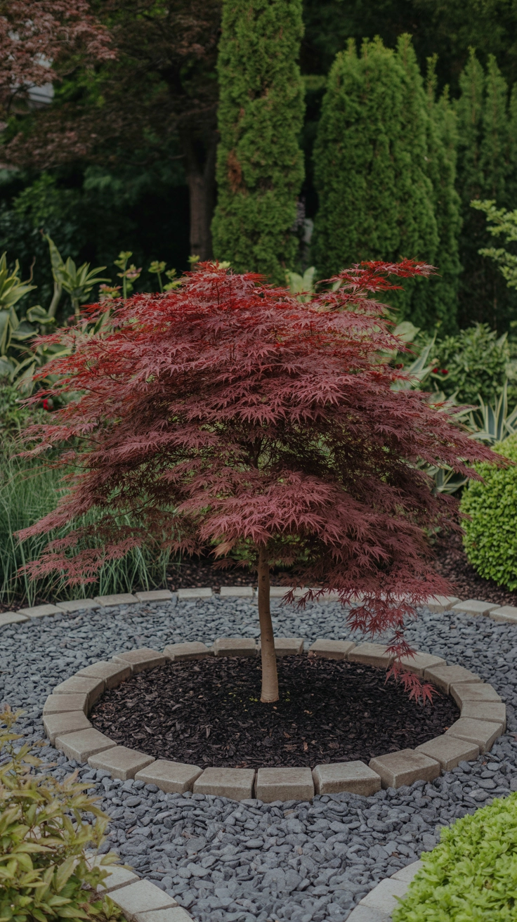 21 Best Front Yard Landscaping Ideas for a Beautiful Home 6 A stunning red Japanese Maple tree planted in the center of a circular garden bed surrounded by dark mulch and small grey rocks.
