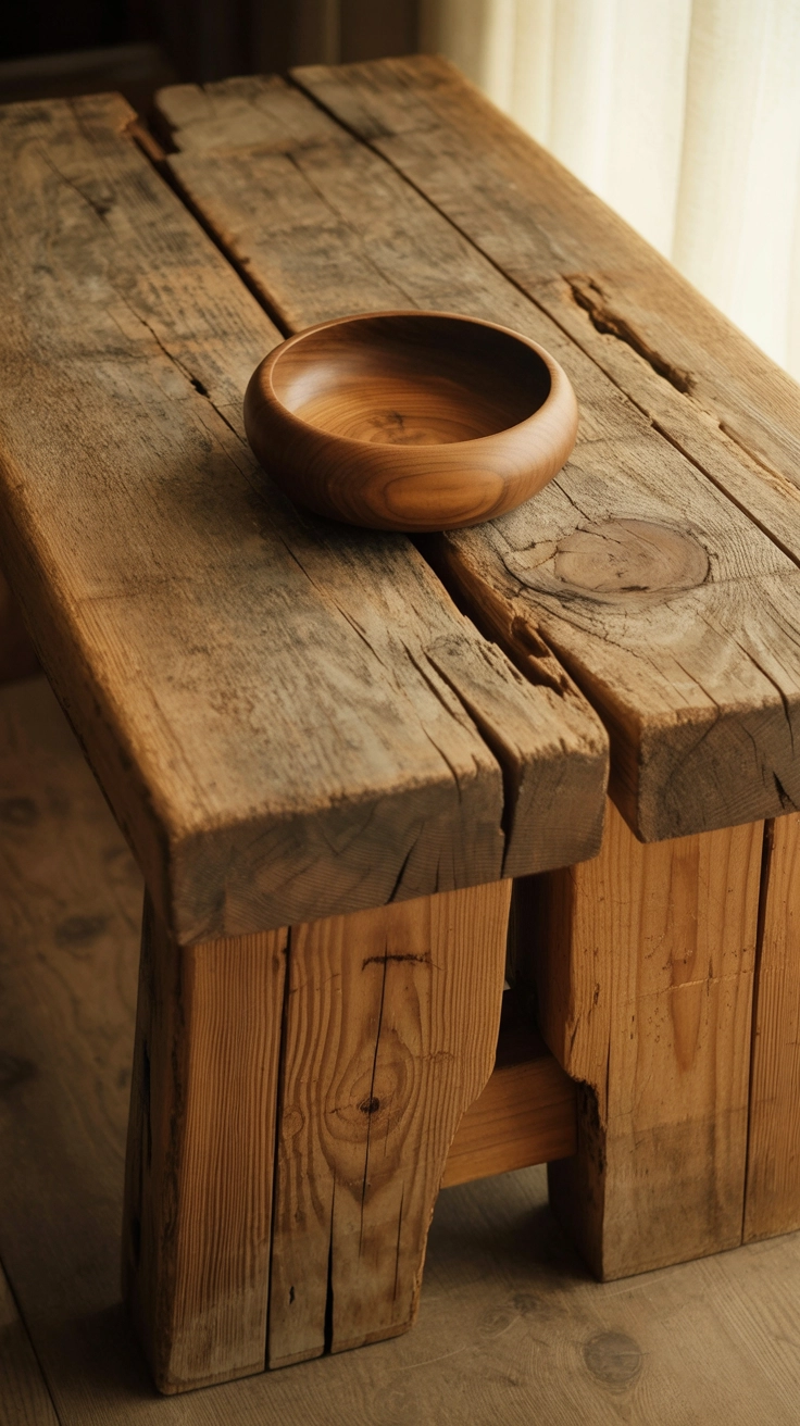 A sturdy antique pine table with a rustic finish.