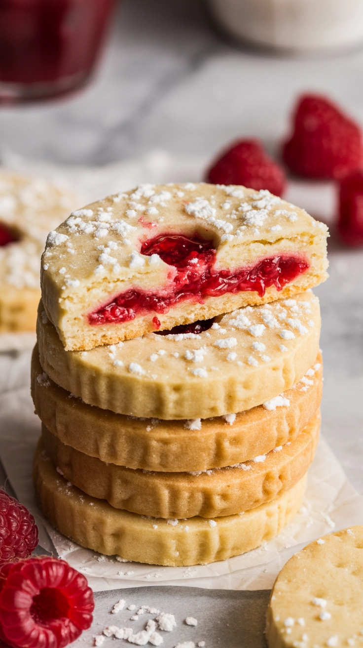 13 Irresistible Cookie Recipes You’ve Never Tried Before 3 Buttery shortbread cookies with pink raspberry pieces.