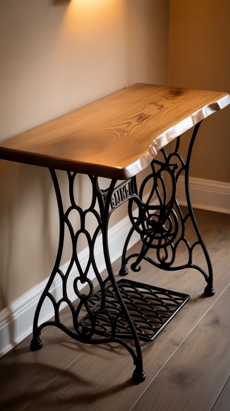 An old iron sewing machine base repurposed into a table.