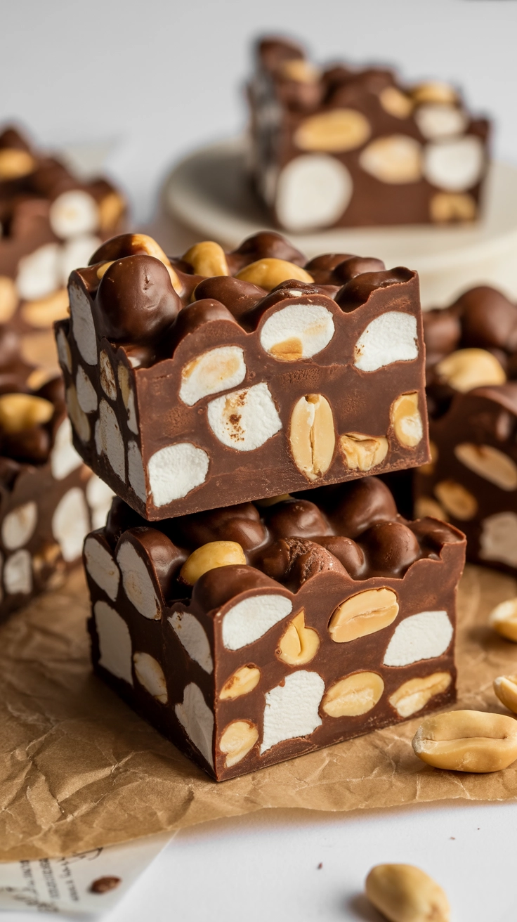 Chocolate rocky road clusters with marshmallows and nuts.