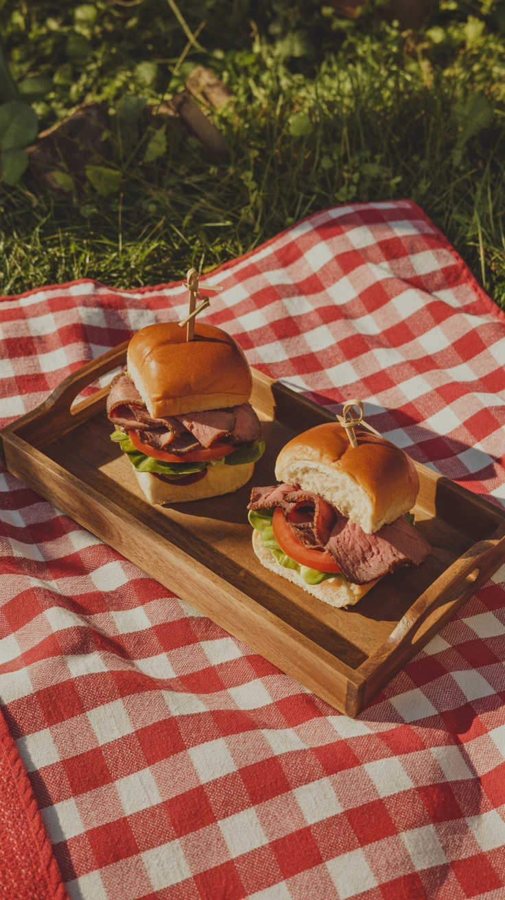 Small brioche sandwiches filled with roast beef and arugula.