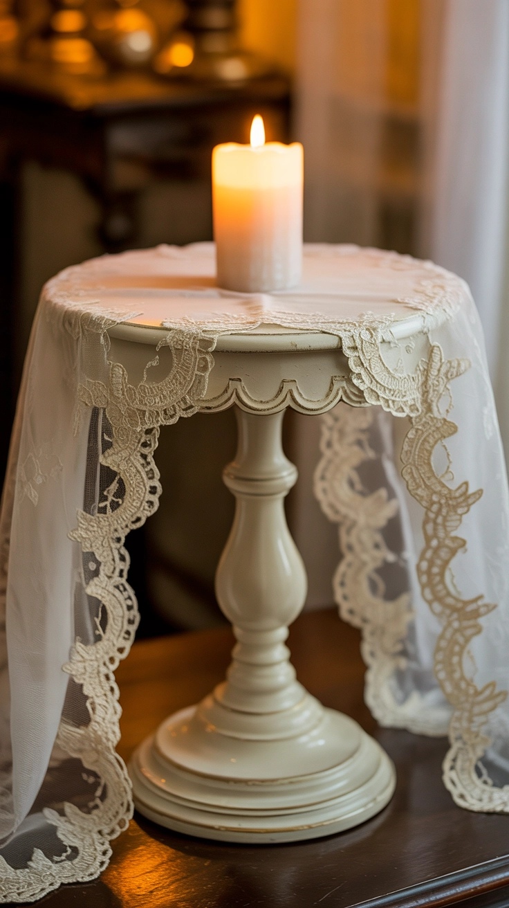 A small round white table with a lace runner.