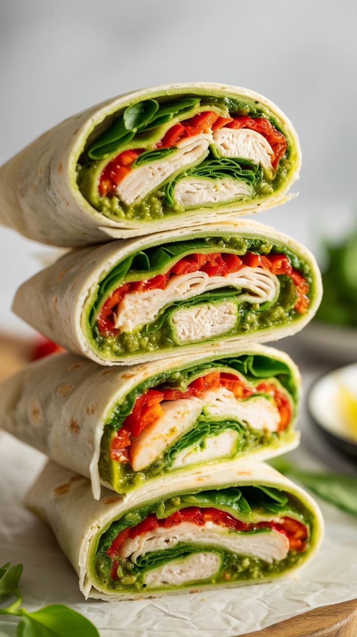 Close up of pesto chicken wraps with spinach and peppers.