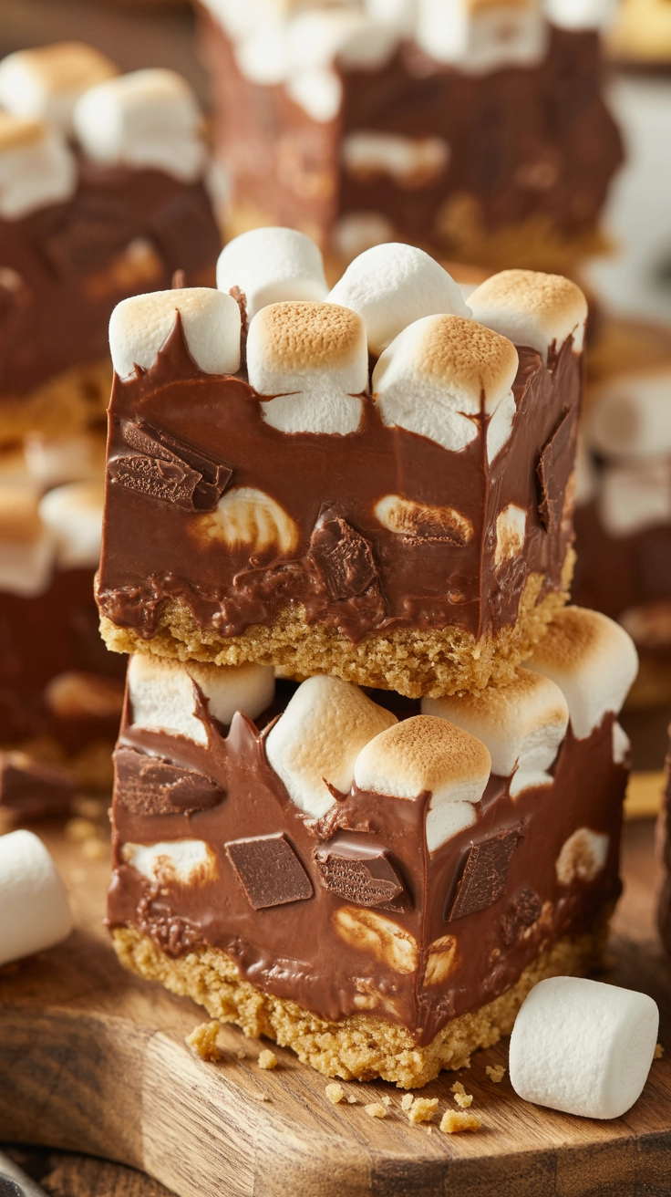 No-bake s'mores bars with marshmallows and graham crackers.