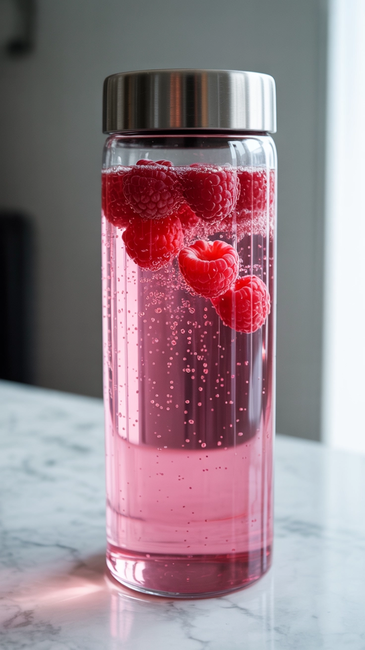 Bubbly lemonade with fresh red berries and ice.