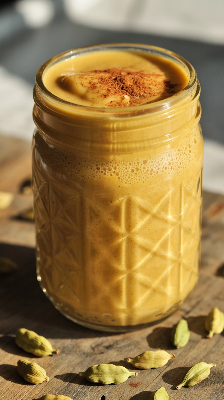 A spiced mango smoothie with cinnamon on top.
