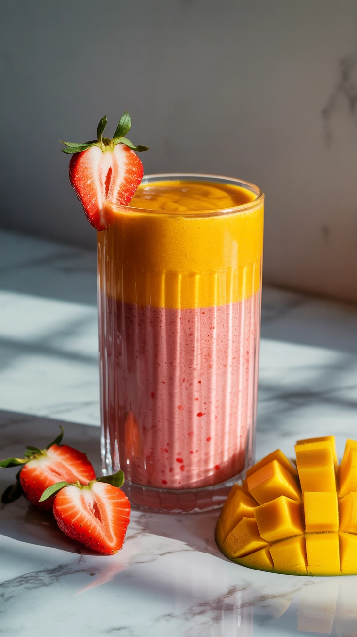 A two-toned pink and orange fruit smoothie.