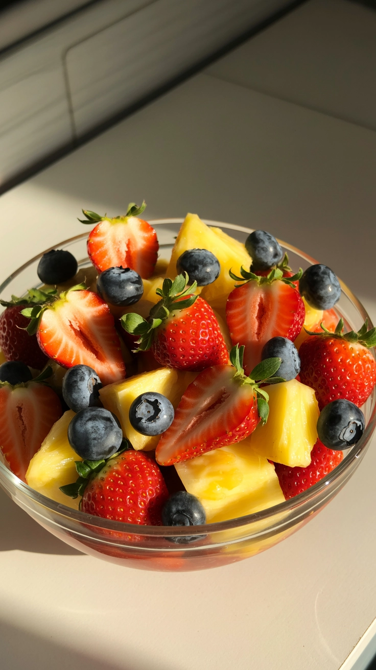 A colorful mix of fresh berries and tropical fruit.