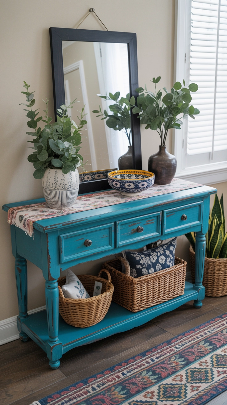 A bright teal distressed table in a bohemian style.