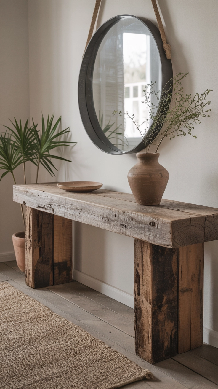 A long rustic wood table in a hallway with a mirror.