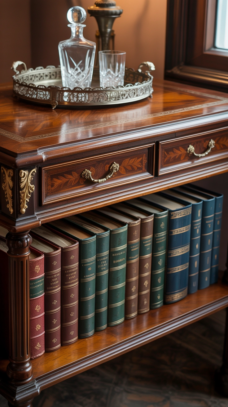 A wooden table with two shelves holding books and decor.