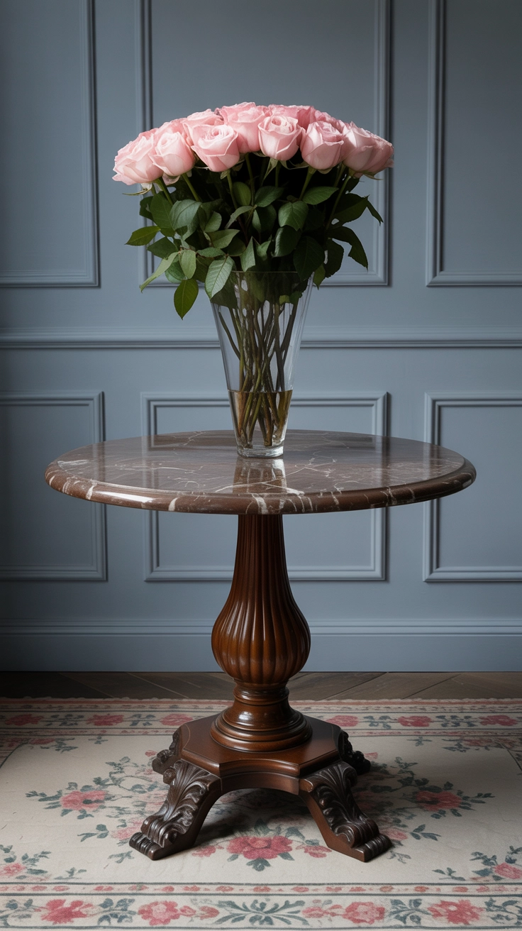 A dark wood Victorian table with a marble surface.