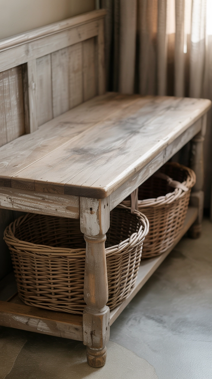 A rustic wooden bench used as a console table with storage baskets.