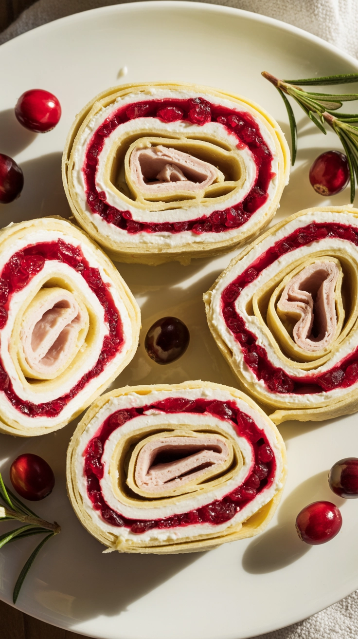 Bite-sized tortilla roll-ups with turkey and cranberry.