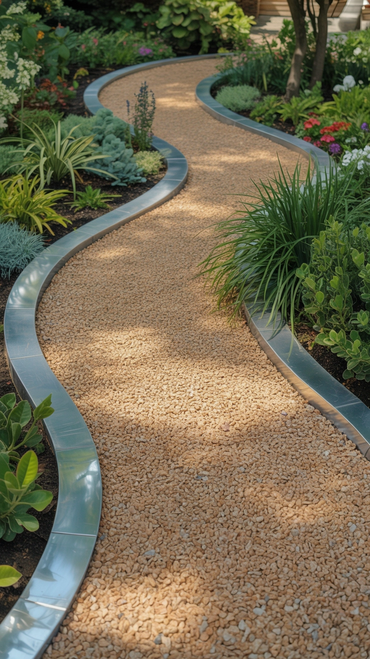 21 Best Front Yard Landscaping Ideas for a Beautiful Home 22 A clean path made of light tan pea gravel with metal edging winding through a garden area.