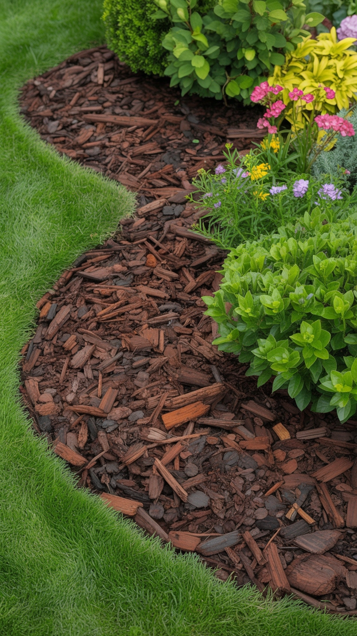 21 Best Front Yard Landscaping Ideas for a Beautiful Home 8 Dark brown wood mulch spread evenly around green shrubs and flowers to create a tidy garden border.