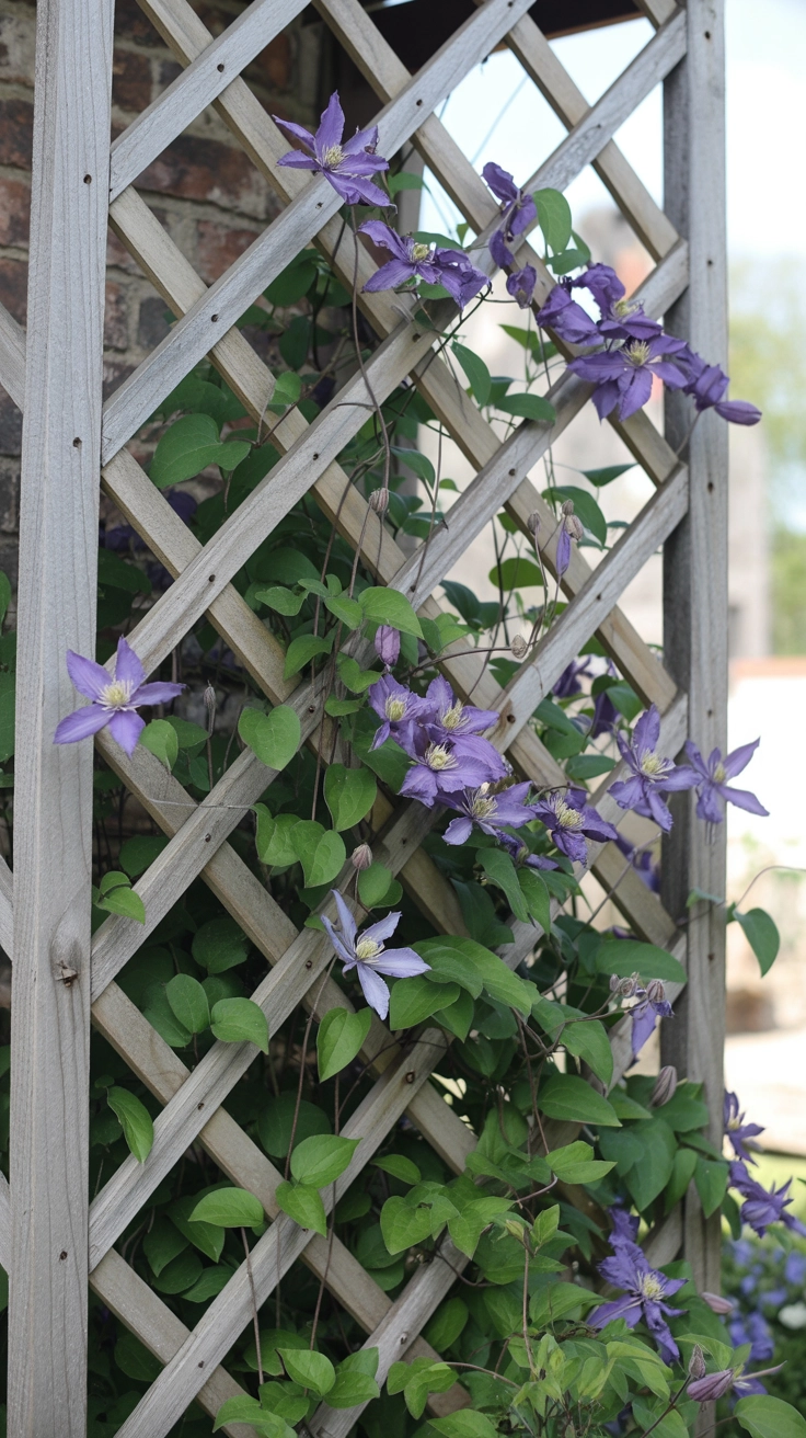 21 Best Front Yard Landscaping Ideas for a Beautiful Home 18 A wooden diamond-pattern trellis attached to a brick wall with purple clematis vines climbing upward.